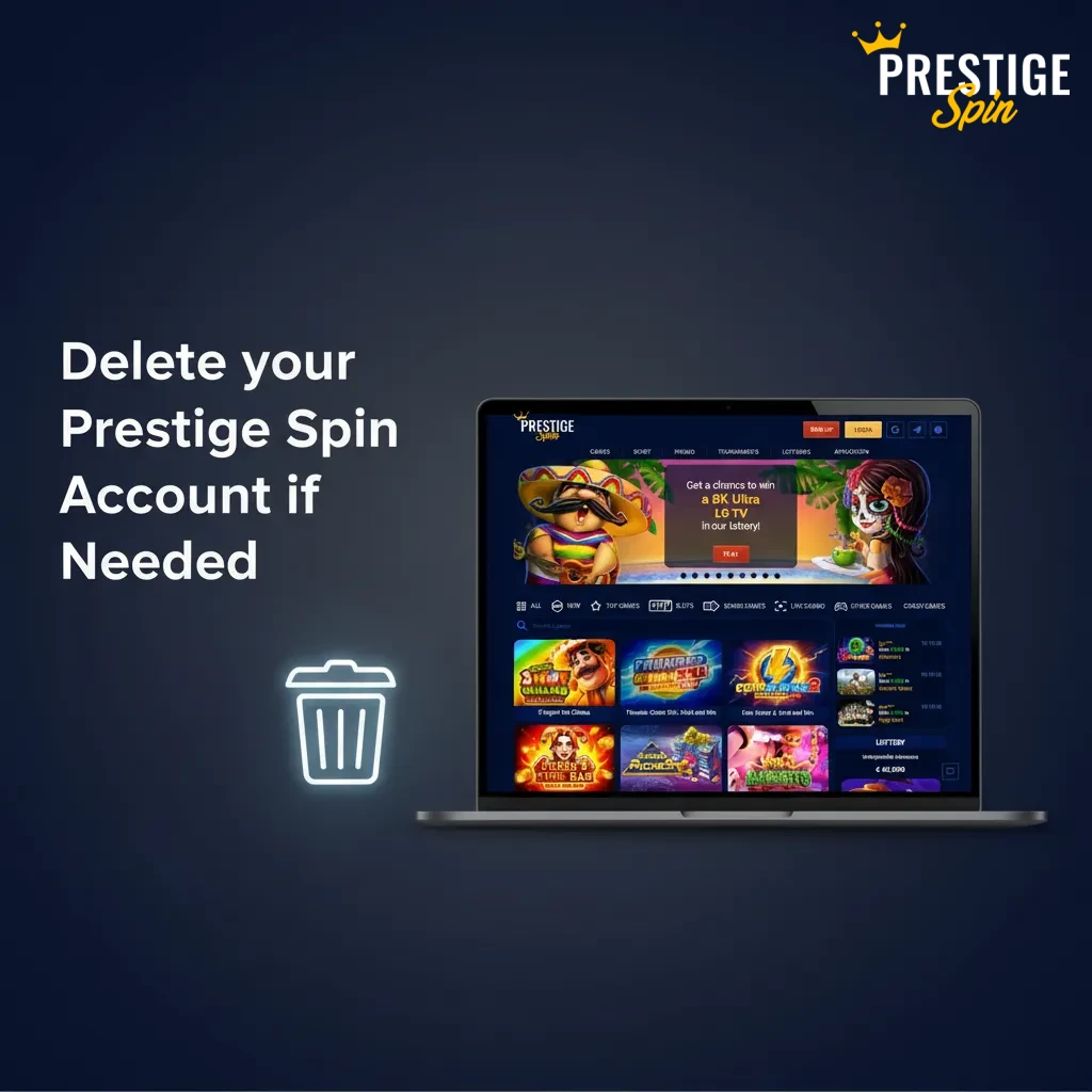 Illustration of a user closing a Prestige Spin account: withdraw funds, contact support, verify ID, receive confirmation.