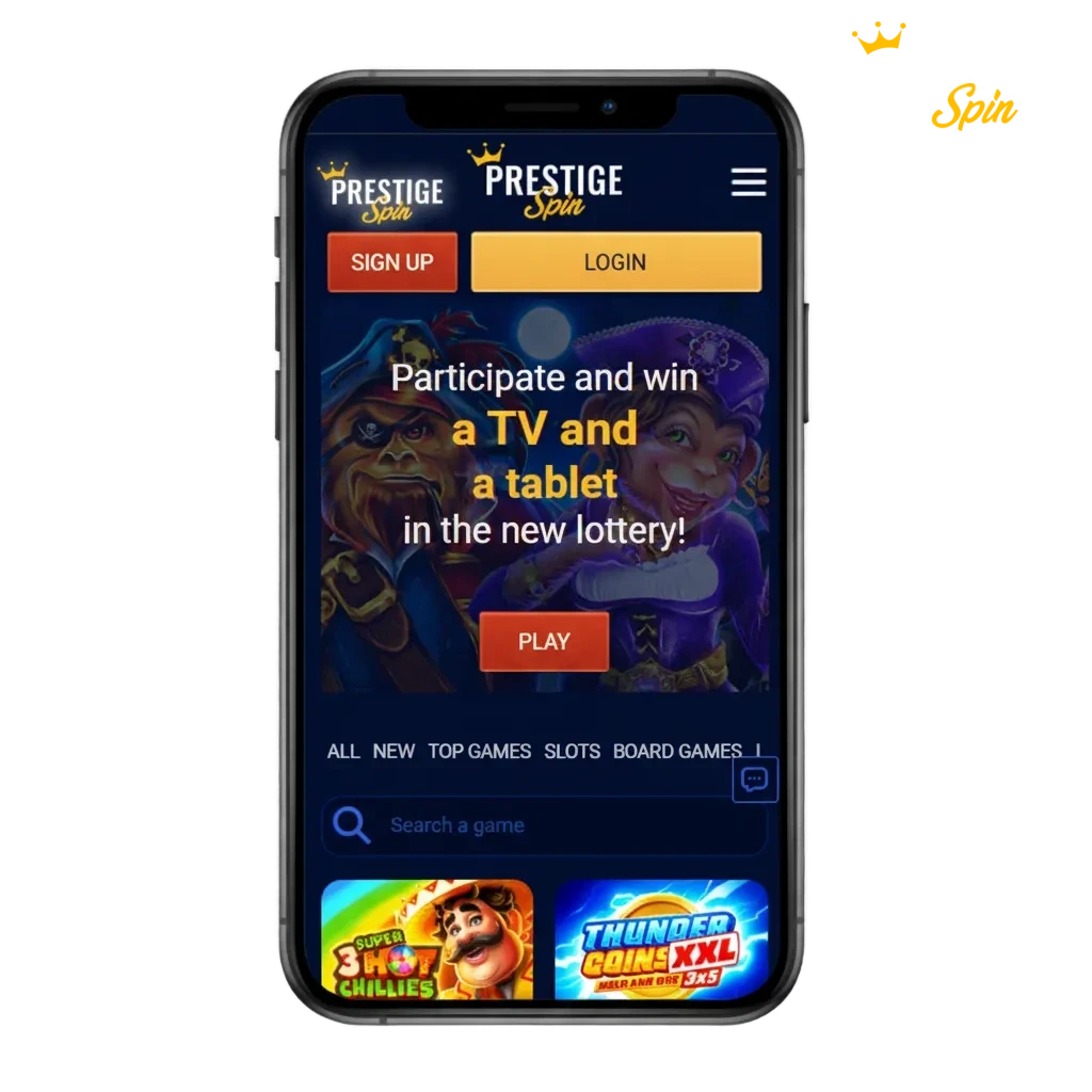 Prestige Spin app download for Android APK and iOS; betting casino, multilingual, Visa/Mastercard, USDT, welcome bonuses.