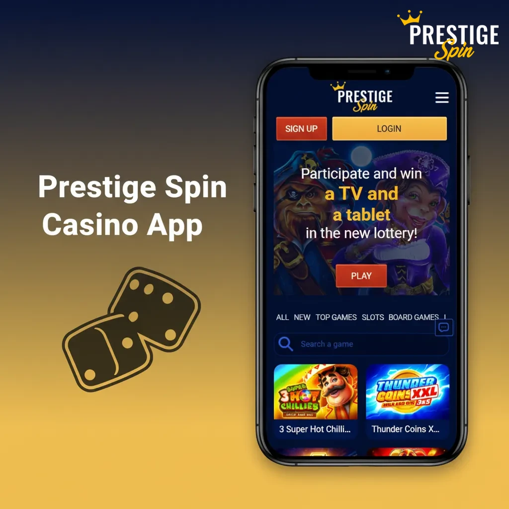 Prestige Spin Casino app home screen with casino and sportsbook tabs, slots, live dealer tables, and promo banners.