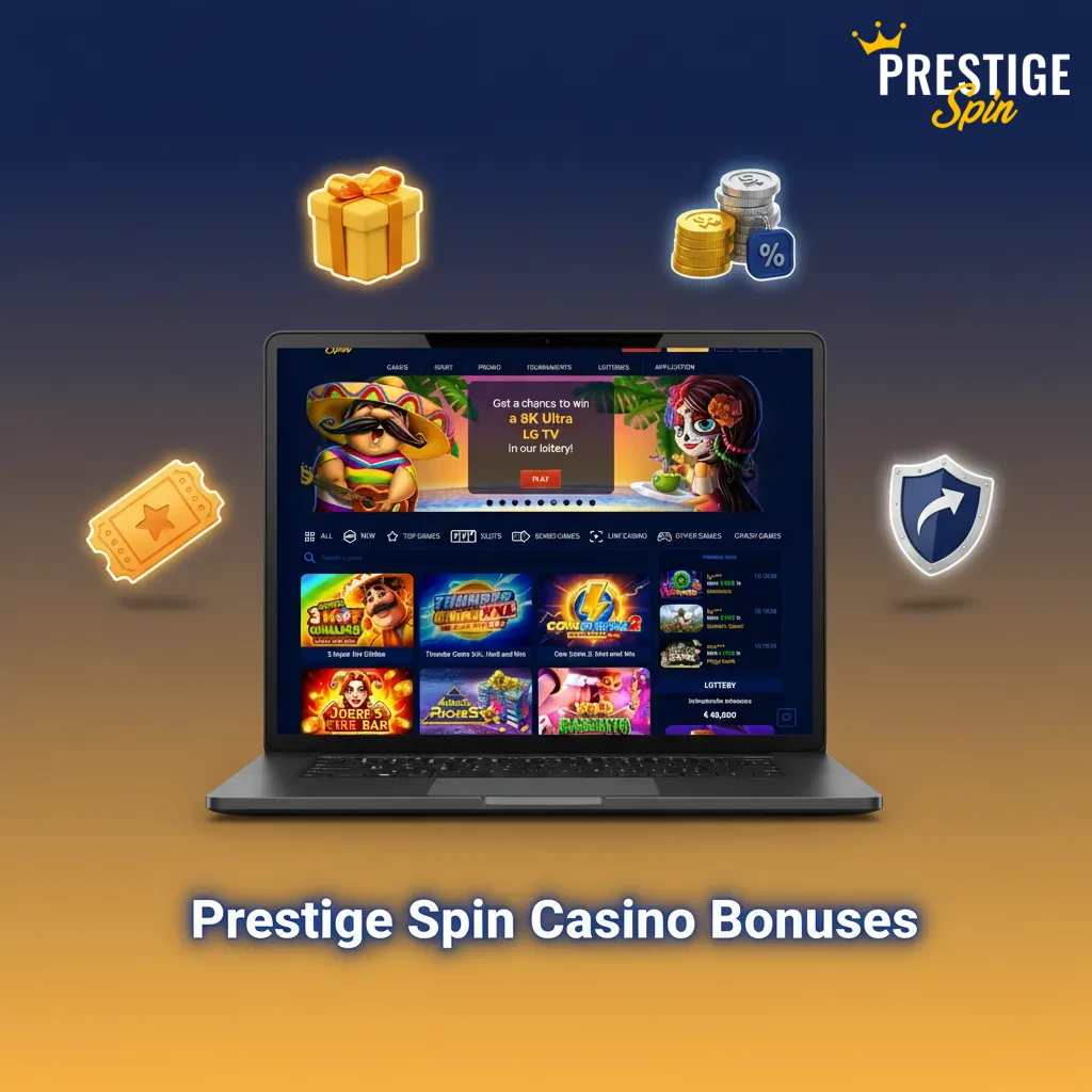 Prestige Spin bonuses: Reload 50%, 40 Free Spins Tue, Cashback 10%, Live Insurance 15%, High Roller 70%, Drops & Wins.