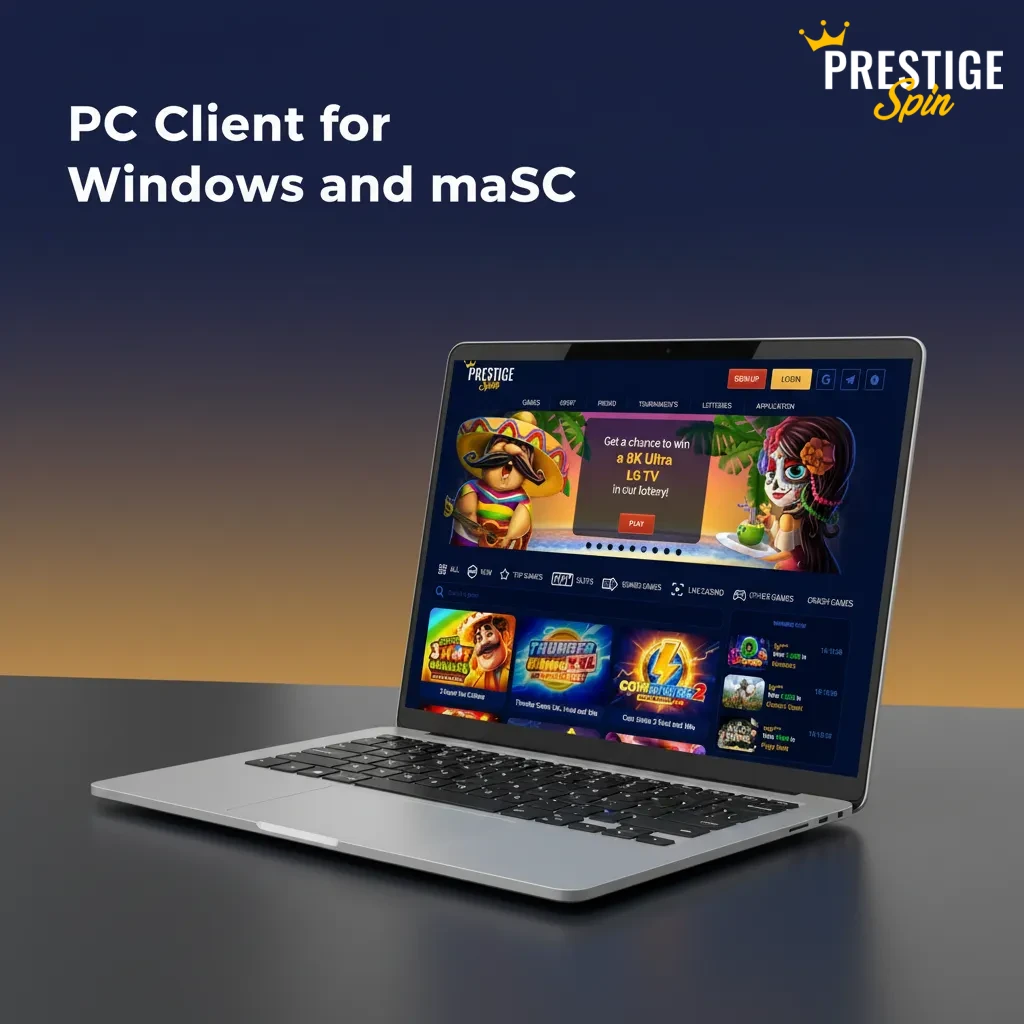 Prestige Spin website on Windows and macOS in a browser; no desktop client needed to bet and play casino games.