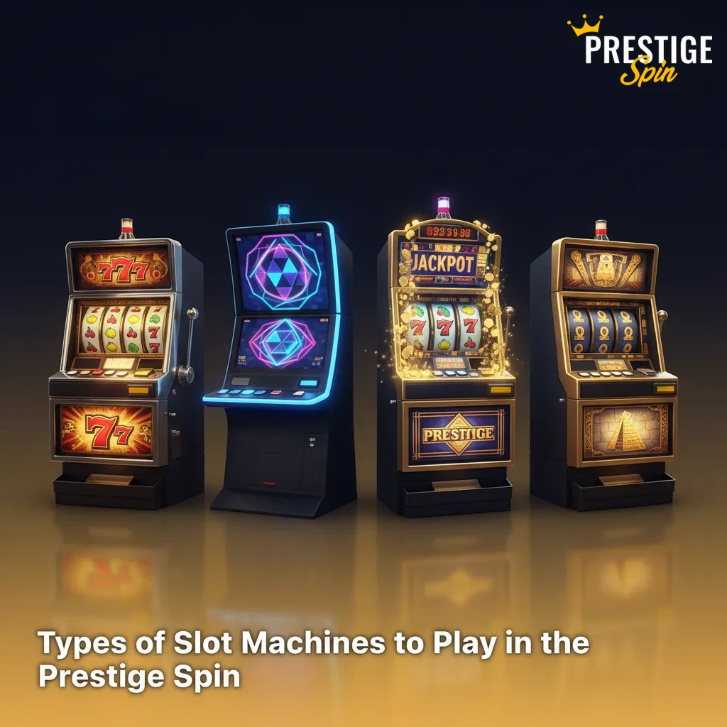 Types of slot machines at Prestige Spin: classic 3-reel, video, Megaways, progressives, cluster pays, Hold & Win.