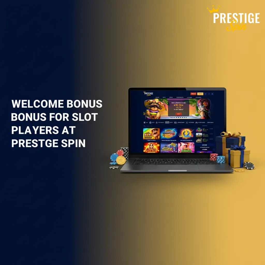 Prestige Spin welcome bonus banner for slot players: up to 150% match, x45 wagering, reloads, cashback, loyalty rewards.
