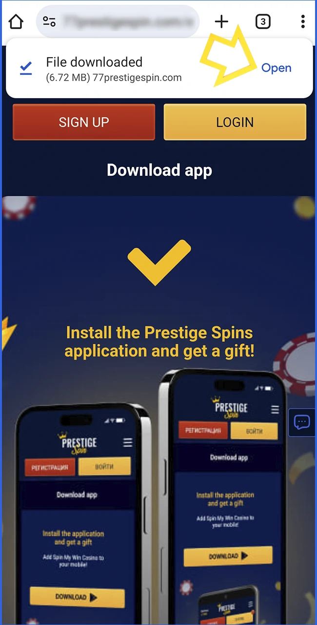 Accept the app download request on the Prestige Spin website UK.