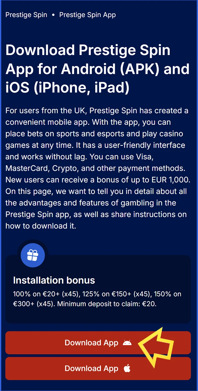 Download the secure APK file from the official Prestige Spin website now.
