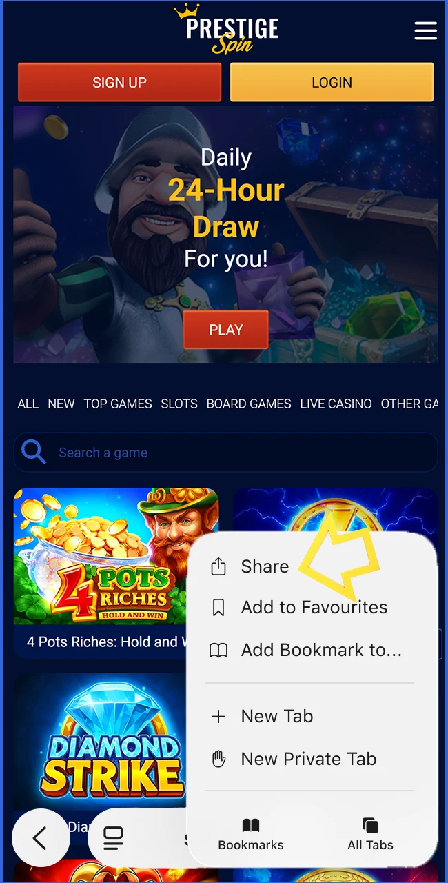 Access the browser sharing options on the official Prestige Spin website.