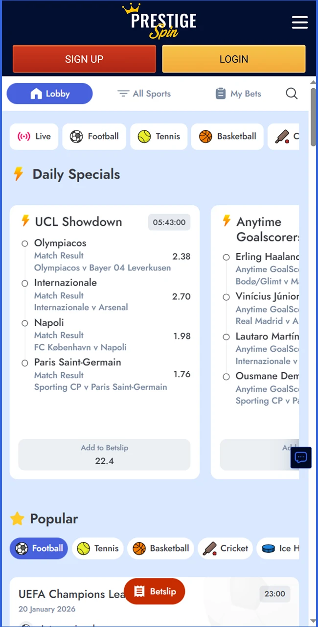 Place your sports bets on the Prestige Spin website United Kingdom now.