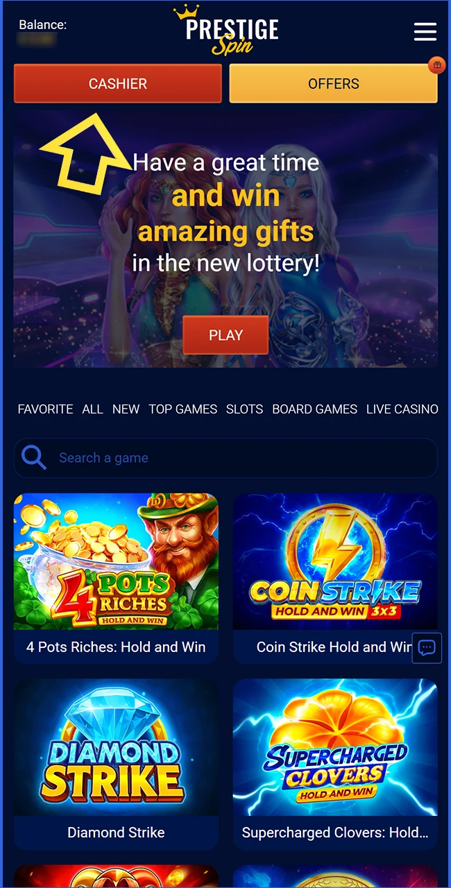Open the secure cashier section on the official Prestige Spin website now.