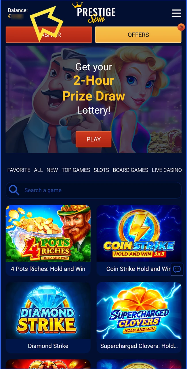 Confirm your successful balance top up on the Prestige Spin website United Kingdom.