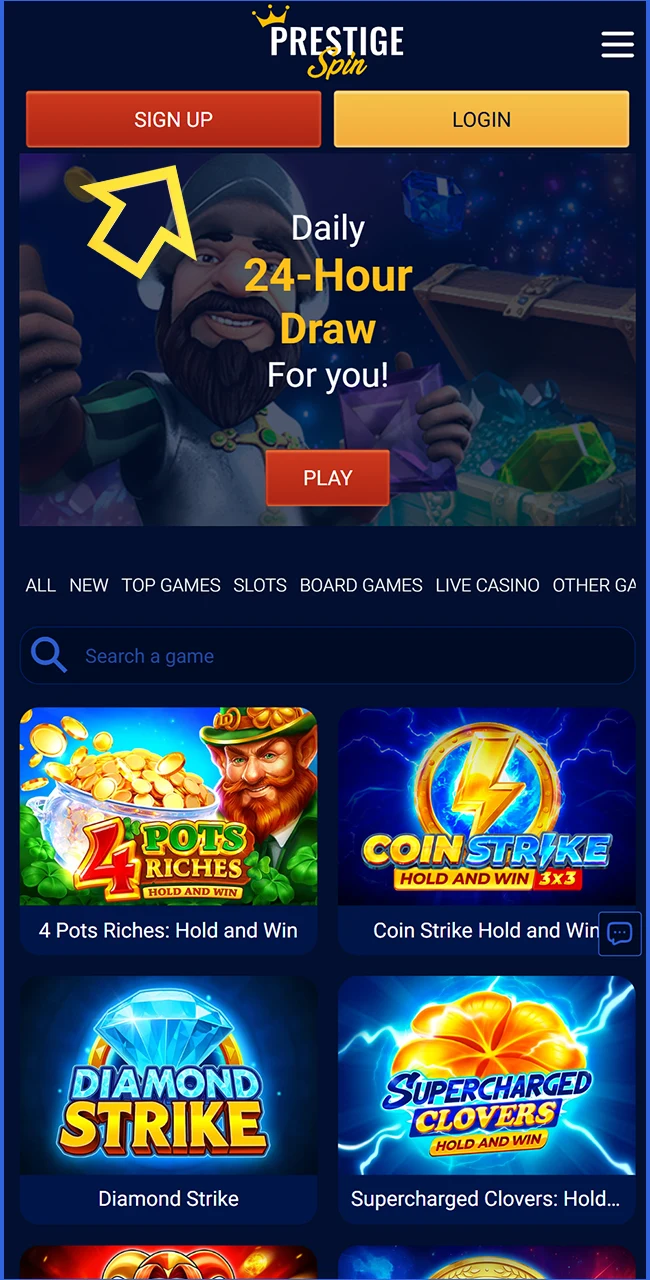 Tap the signup button on the Prestige Spin website United Kingdom today.