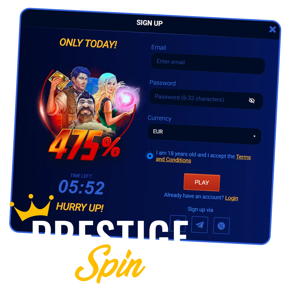 Start your registration process on the official Prestige Spin website today.