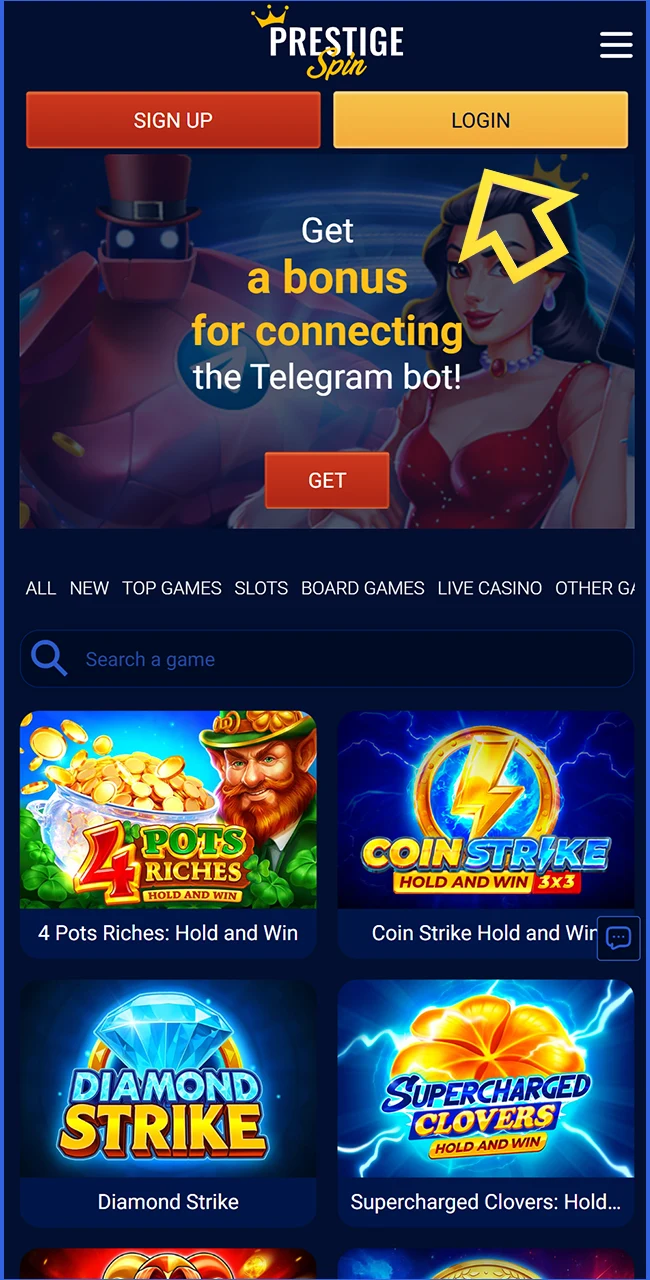 Sign in to your account via the Prestige Spin website United Kingdom.