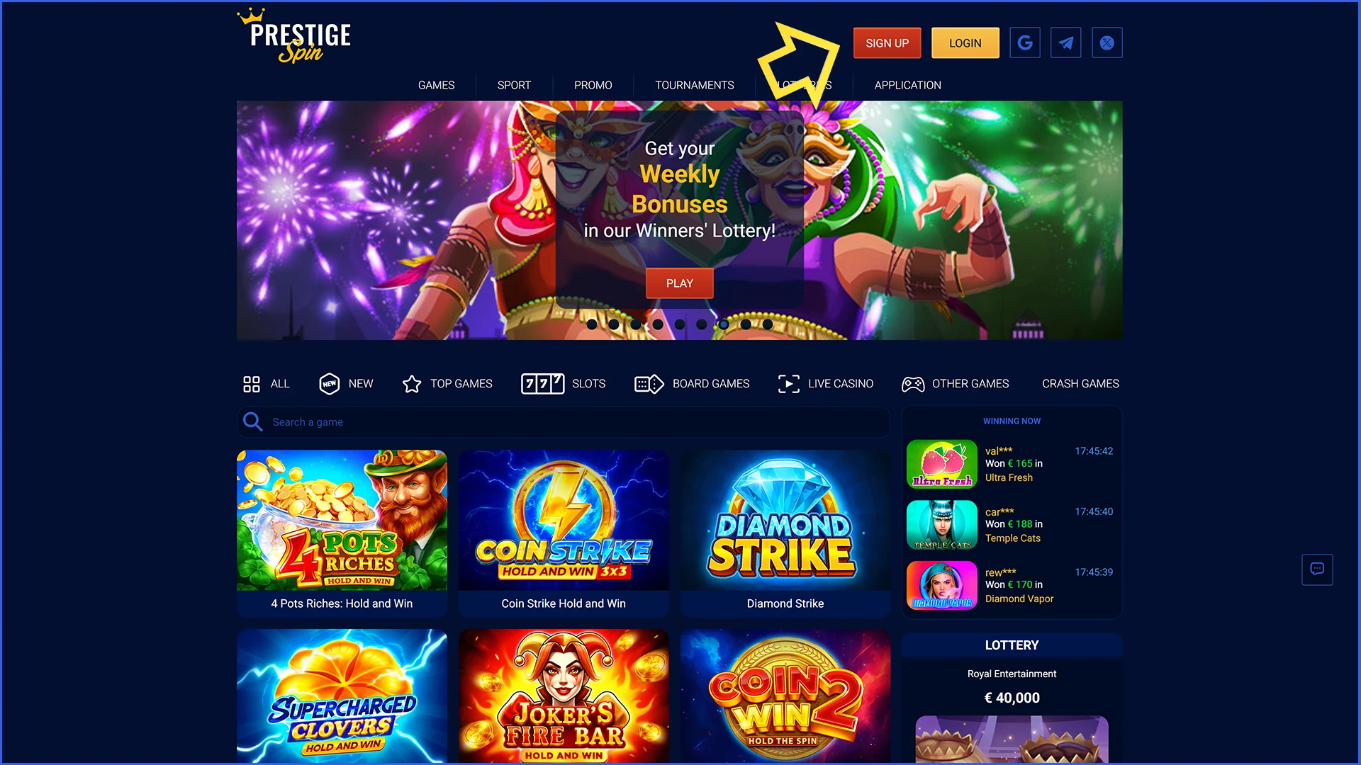 Open the registration form on the Prestige Spin website UK.