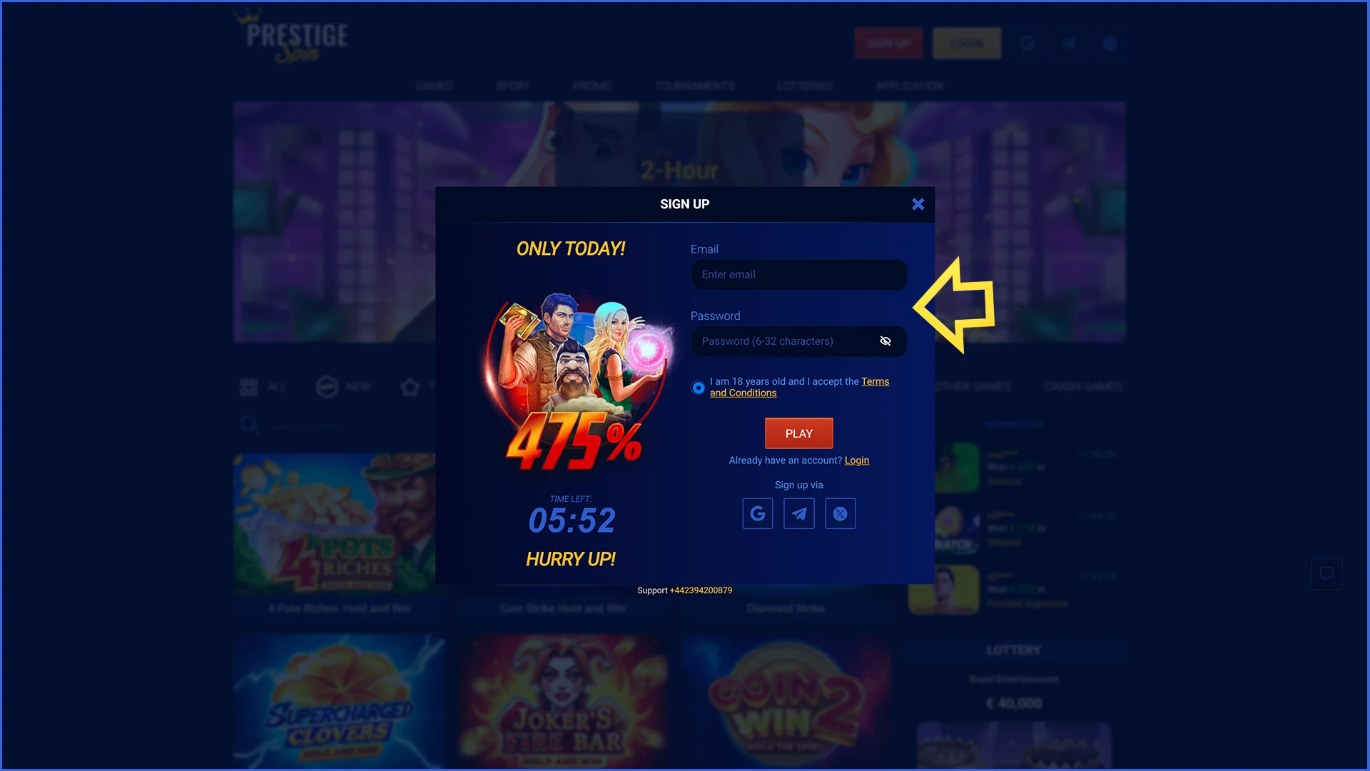 Enter your account details on the official Prestige Spin website right now.