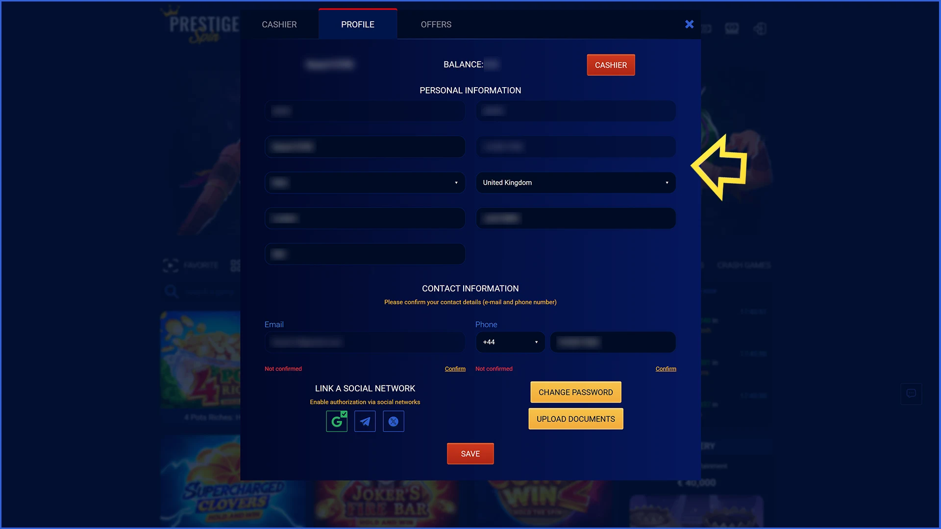Submit your user profile data on the official Prestige Spin website.