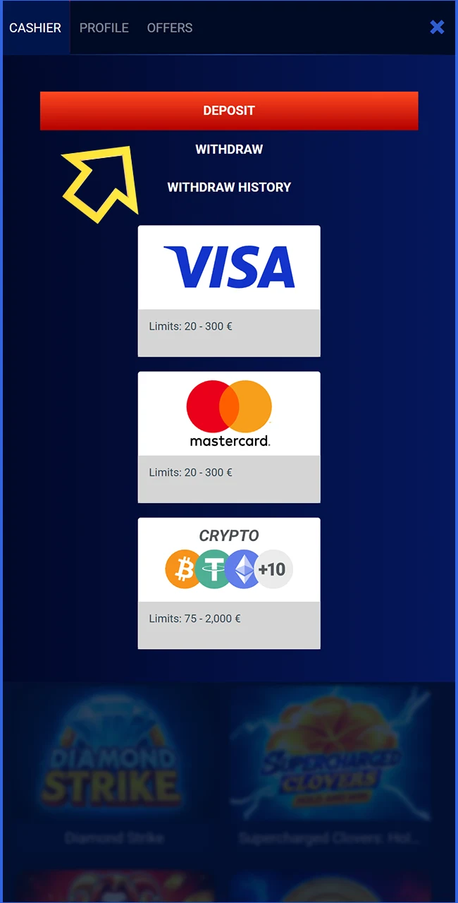 Deposit funds for playing slots on the official Prestige Spin website.